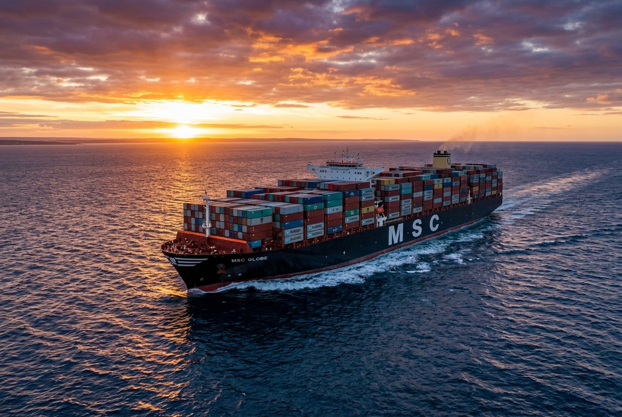 Massive container ship at sunset
